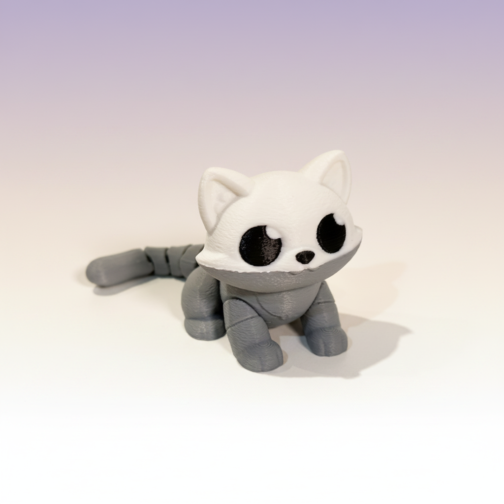 Articulated Cat — gray-and-white 3D-printed sitting cat