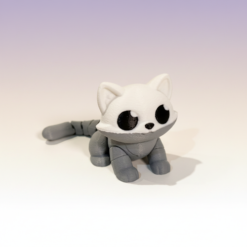Articulated Cat — gray-and-white 3D-printed sitting cat