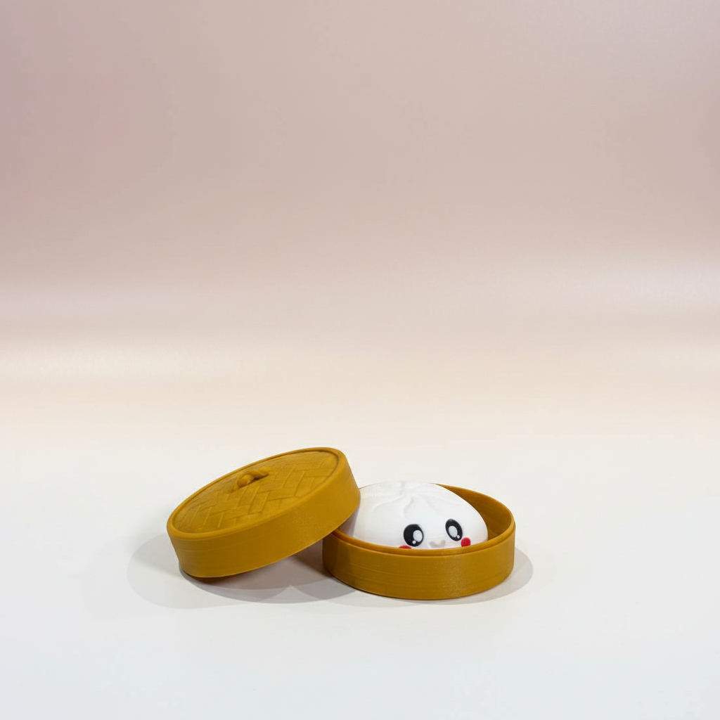 Bao Bun — kawaii 3D-printed smiling bao in a bamboo steamer