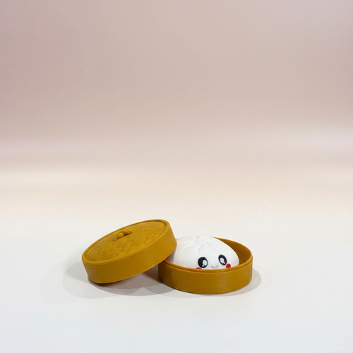 Bao Bun — kawaii 3D-printed smiling bao in a bamboo steamer