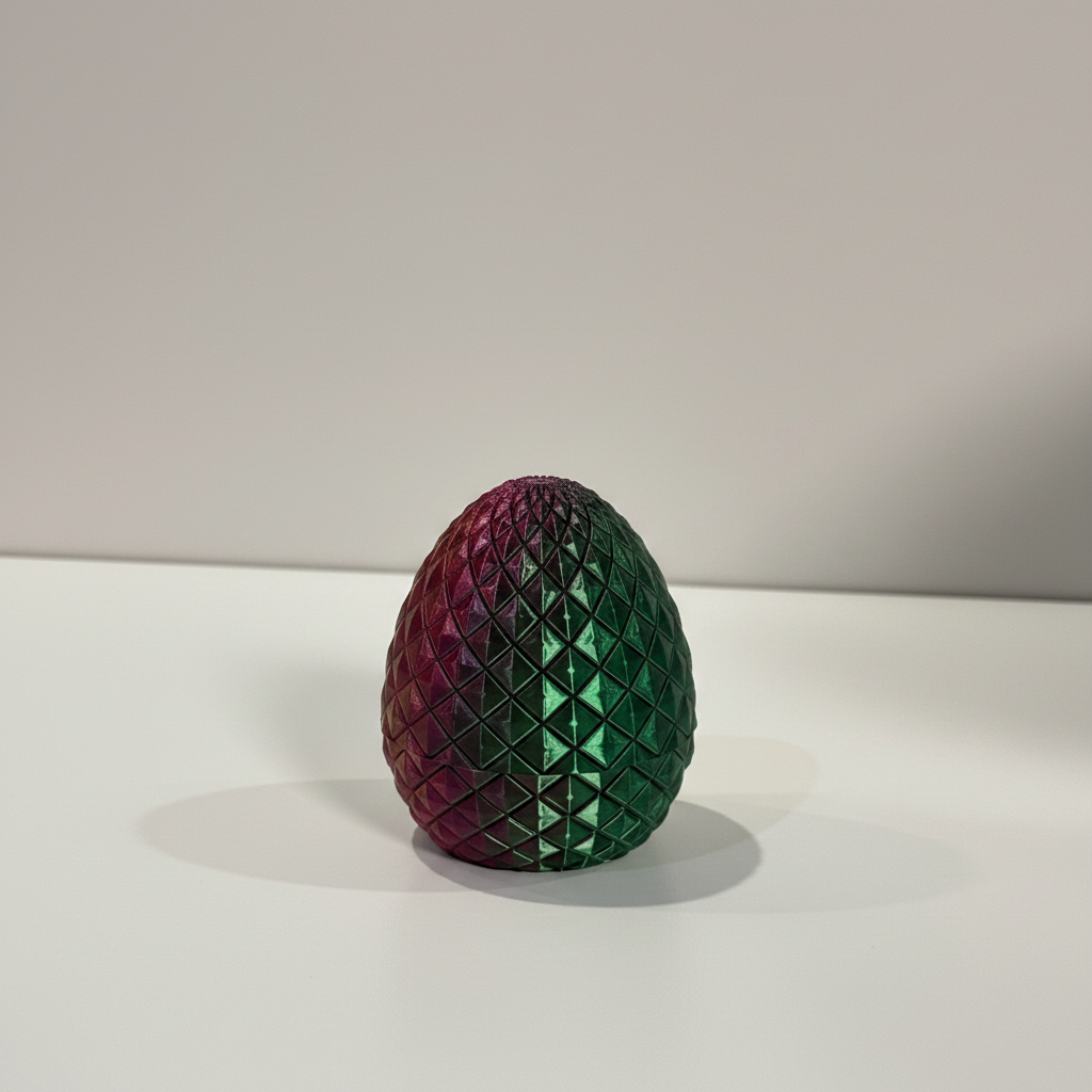 Easter Dragon — Magenta-Emerald colorway, closed standing