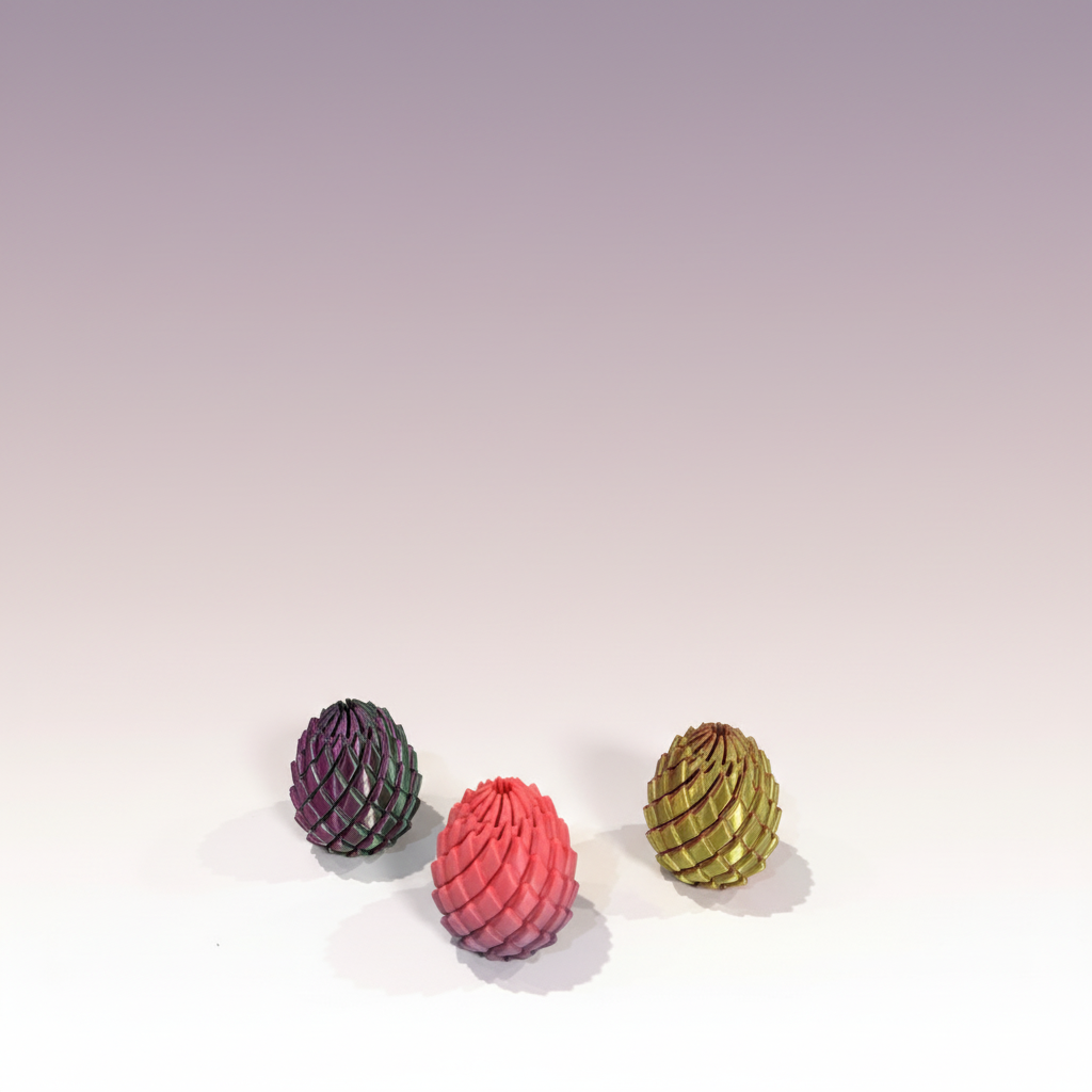 Three Fidget Egg colorways together — Violet, Pink-Gold, Yellow-Orange