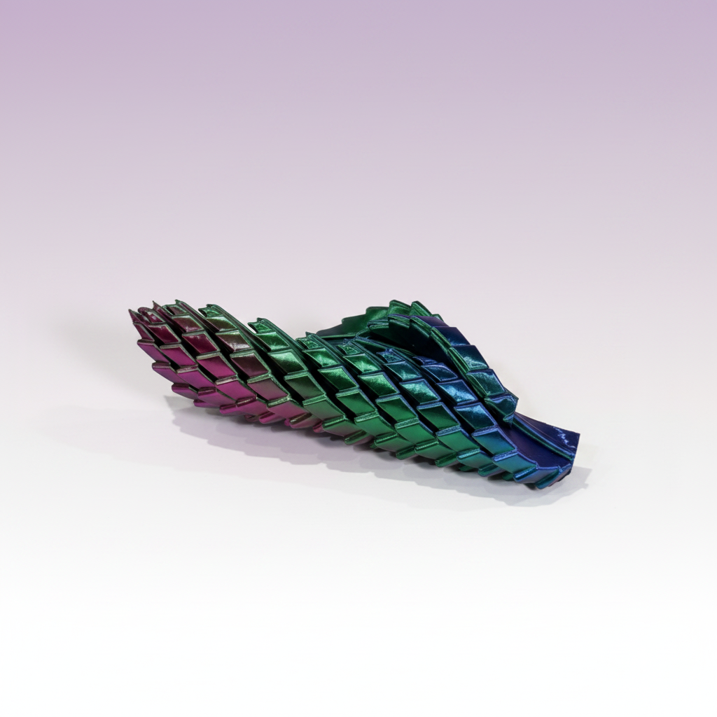 The Fidget Egg — Iridescent colorway (purple-green-blue) unfurled