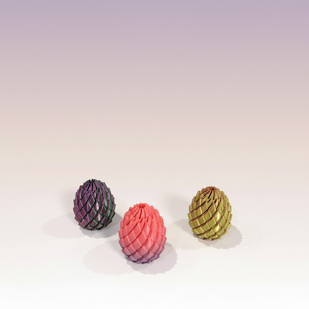 Three Fidget Egg colorways together — Iridescent, Coral, and Yellow-Gold