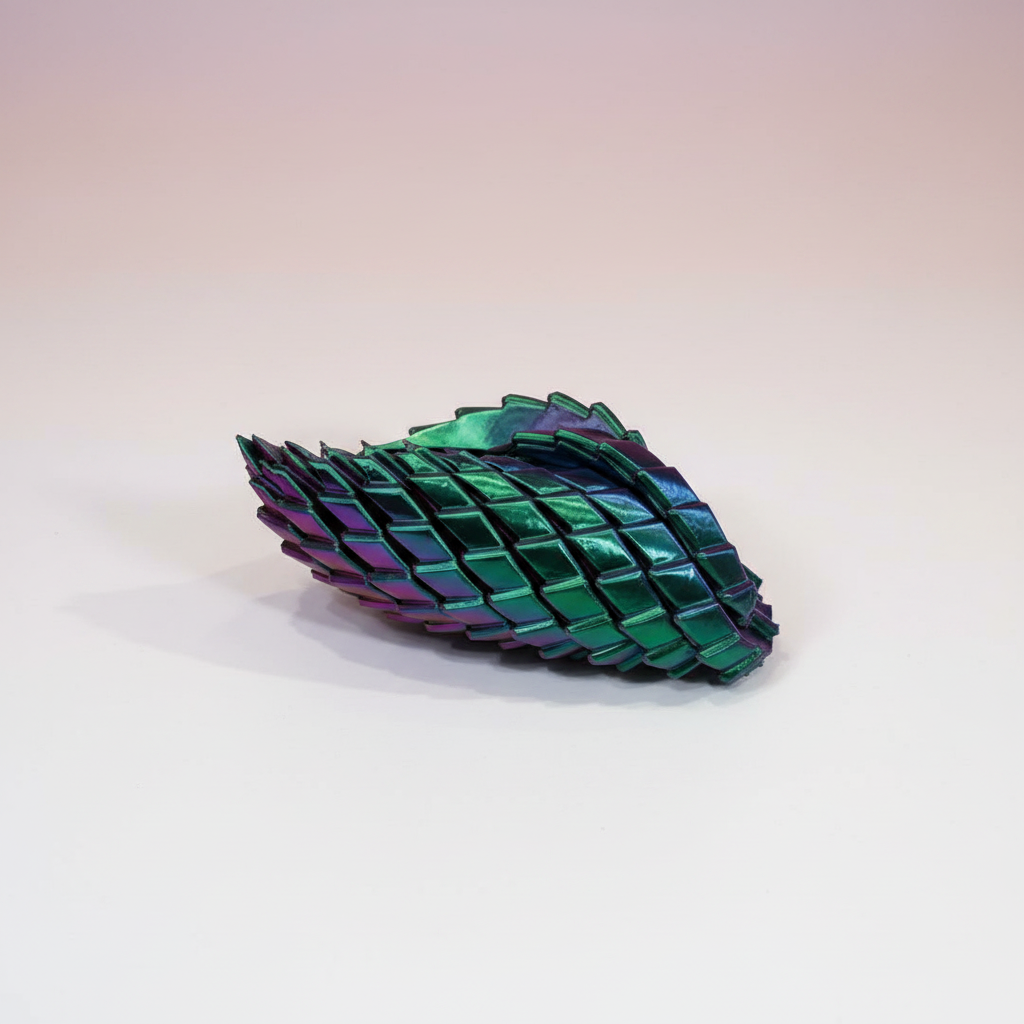 Fidget Egg unfurled showing the articulated diamond-scale flex
