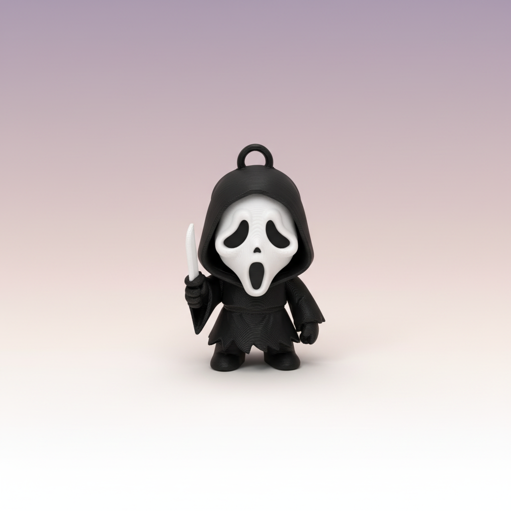 Ghostface Keychain — chibi 3D-printed hooded figure with knife