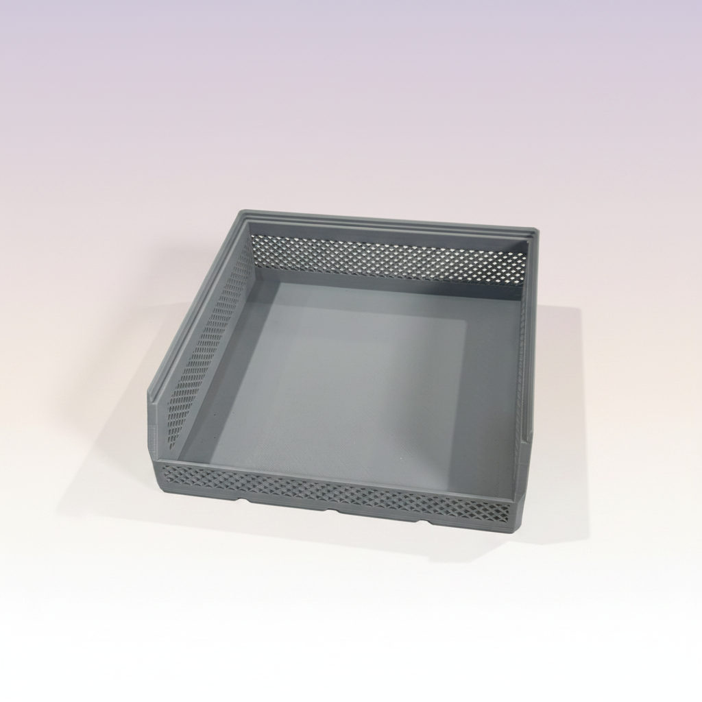 Letter Tray — gray 3D-printed stackable paper tray with mesh sides