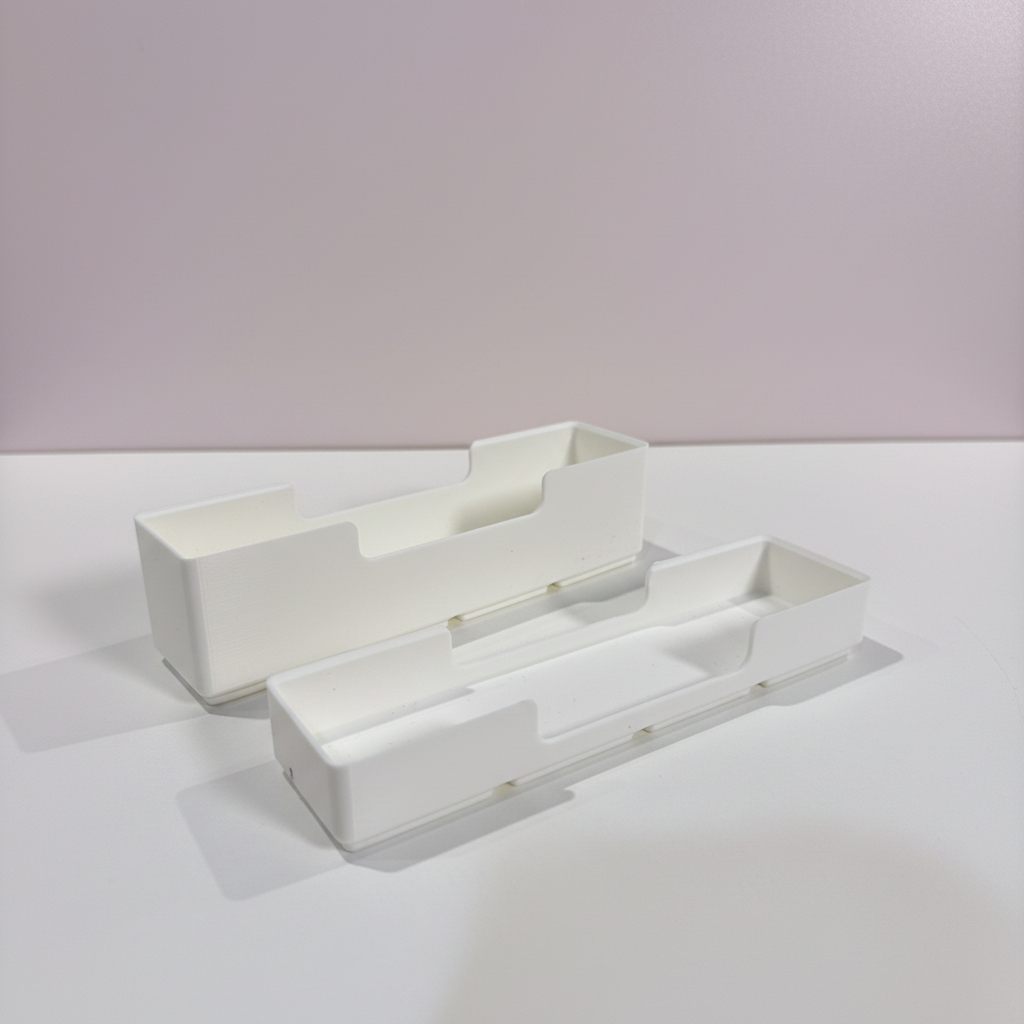 Stackable Bins — white 3D-printed storage bins with finger-notch fronts
