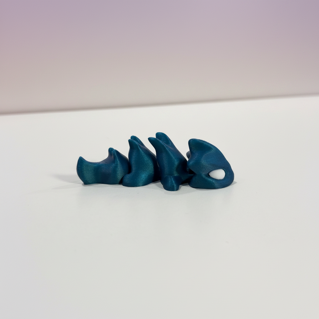 Hatchling — teal colorway, four articulated segments with curved fins