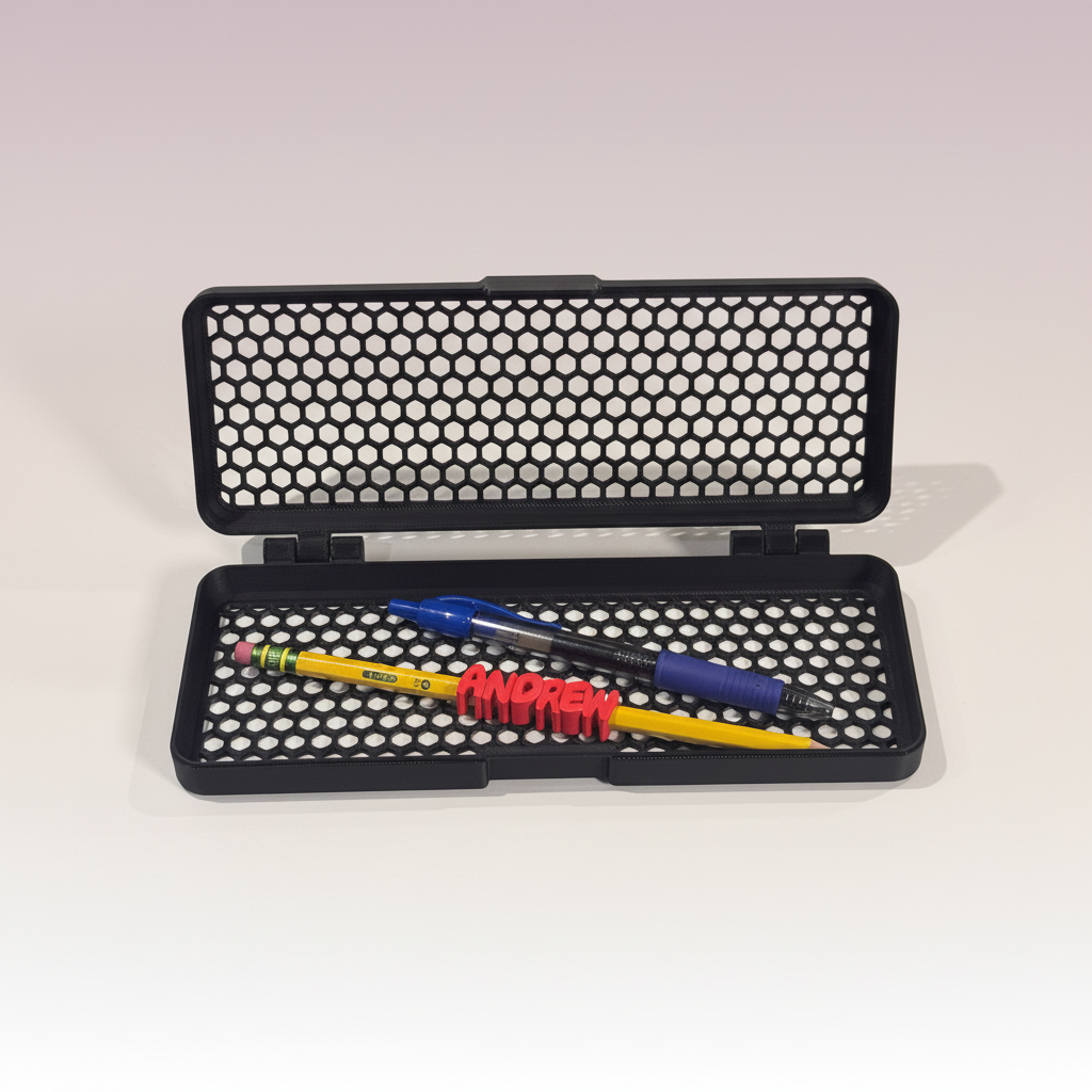 Honeycomb Pencil Box — top-down with pencil and pen inside