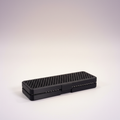 Honeycomb Pencil Box — black 3D-printed pencil box with hexagonal mesh lid, closed