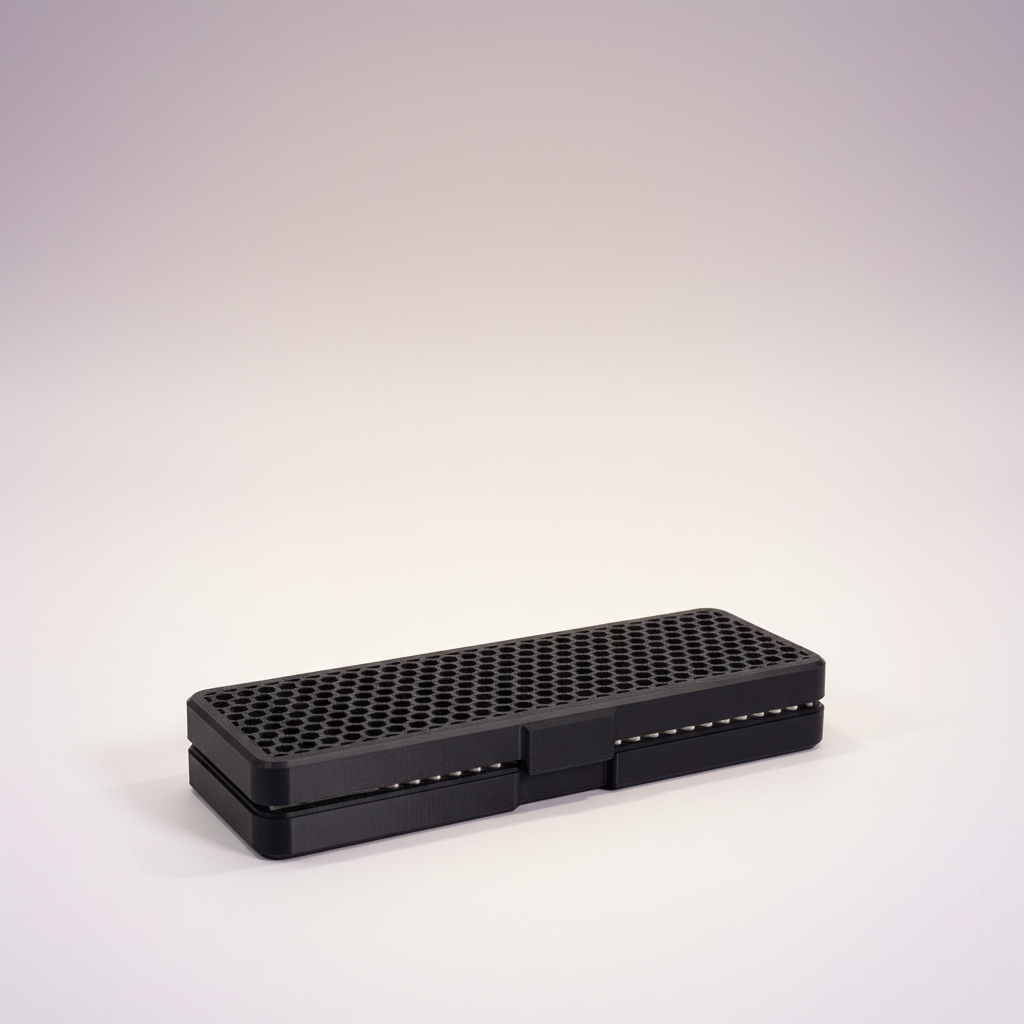 Honeycomb Pencil Box — black 3D-printed pencil box with hexagonal mesh lid, closed
