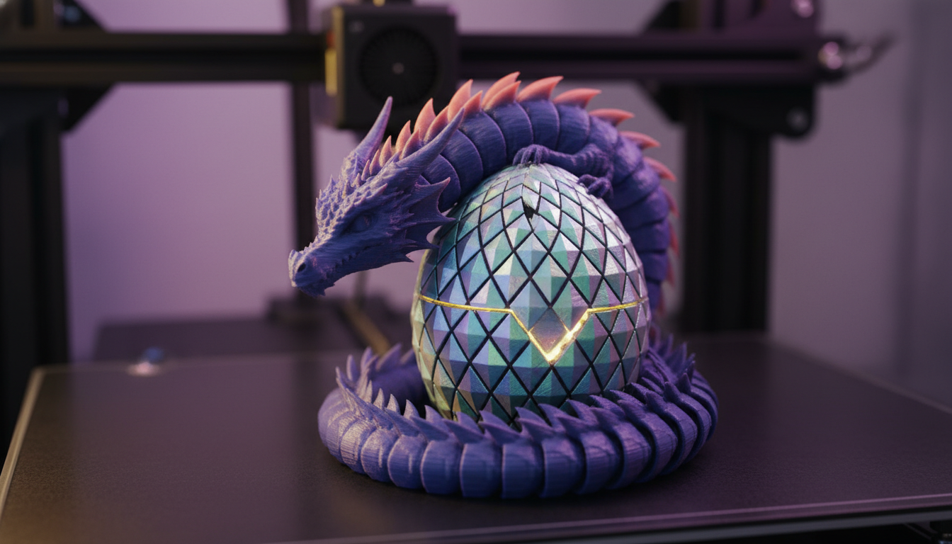 Little Maker Co hero — articulated 3D-printed violet dragon coiled around an iridescent dragon egg on the print bed