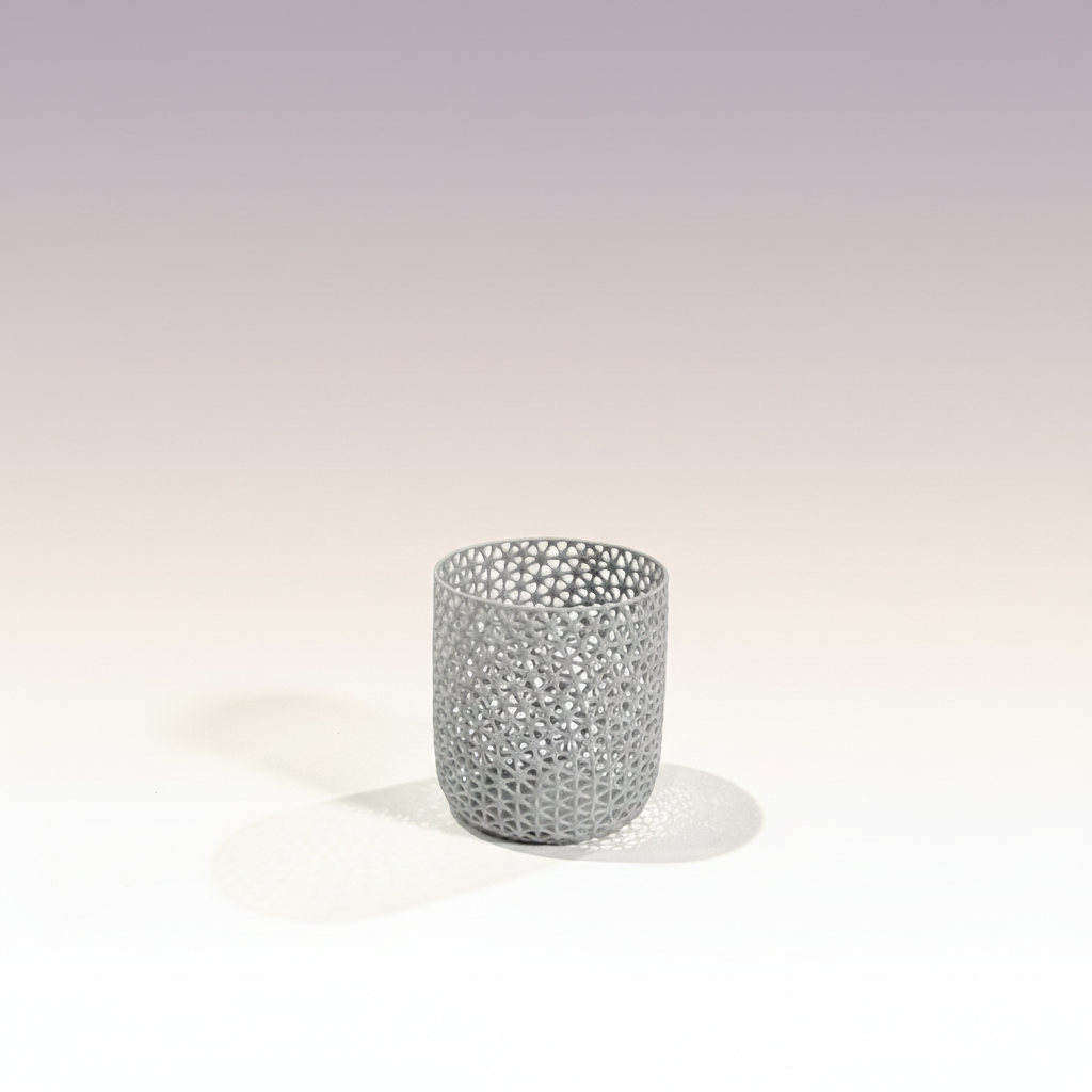 Mesh Pen Cup — gray 3D-printed pen cup with crosshatch mesh