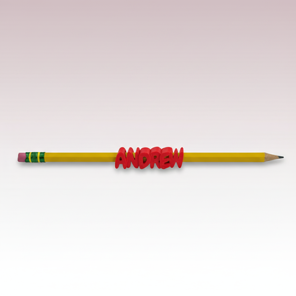 Name Pencil Topper — personalized 3D-printed name charm on a pencil