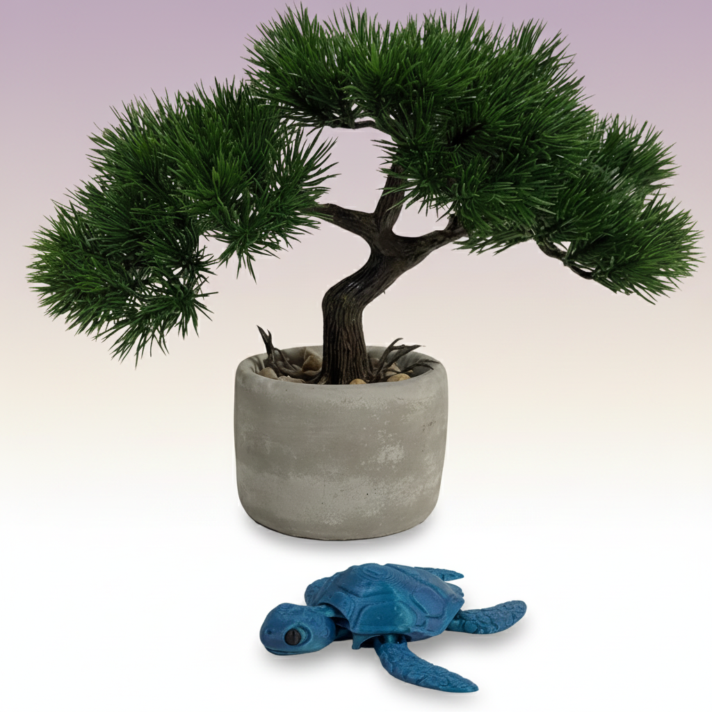 The Sea Turtle — lifestyle shot with bonsai